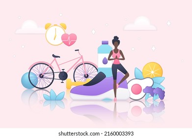 Healthy lifestyle and habits, diet and sport exercises for active life. Daily routine, nutrition, gymnastics and yoga workout of tiny athlete woman 3d vector illustration. Wellness, health concept