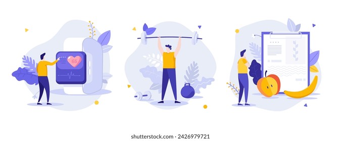 Healthy lifestyle habits flat concept vector illustrations set. Cardio monitoring app, exercising and people dieting cartoon composition. Healthcare routine idea for website, mobile, presentation