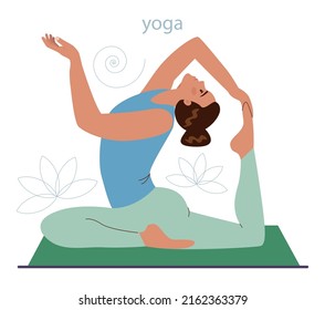 Healthy lifestyle habits. Healthy and happy lifestyle tips as a daily routine. Woman doing yoga. Meditation and relaxation in asana position. Mind wellness. Flat vector illustration