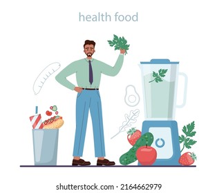 Healthy lifestyle habits. Healthy and happy lifestyle tips as a daily routine. Proper nutrition. Natural food for people on diet. Vegetarian lifestyle. Flat vector illustration