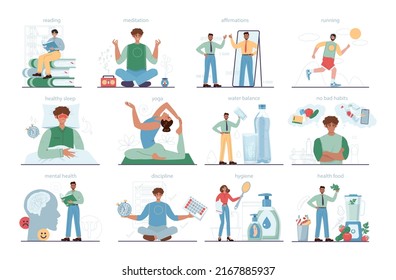 Healthy lifestyle habits set. Proper nutrition, physical activity, rest and mental health care. Healthy and happy lifestyle tips as a daily routine. Flat vector illustration