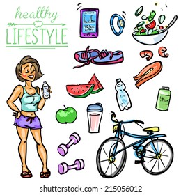 Healthy Lifestyle. Hand drawn cartoon collection