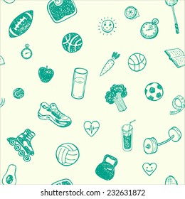 Healthy Lifestyle. Hand drawn seamless pattern. Healthy food, sport and fitness themes.