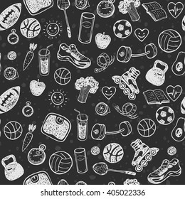 Healthy Lifestyle. Hand drawn seamless pattern. Healthy food, sport and fitness themes.