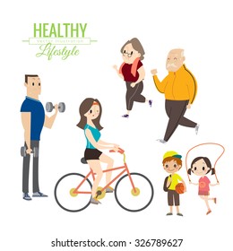 healthy lifestyle happy family exercising vector cartoon illustration