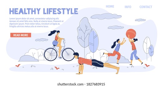 Healthy lifestyle. Happy young family do sport outdoor activity. Parent children training enjoy active leisure entertainment playing, riding bicycle, pushing up in park. Motivation landing page