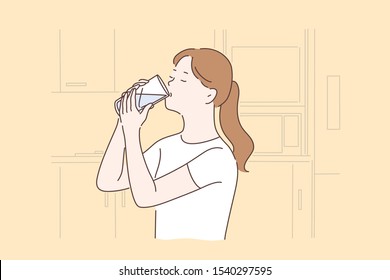 Healthy lifestyle, healthcare, diet concept. Young woman drinking thirst quenching. Thirsty girl holding glass with refreshment drink, teenager staying hydrated after training. Simple flat vector