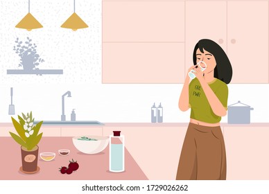 Healthy lifestyle, healthcare, diet concept. Young woman drinking thirst quenching. Thirsty girl holding glass with refreshment drink, teenager drinks water after training. Flat vector illustration.