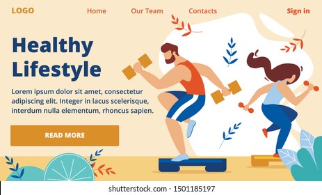 Healthy Lifestyle Horizontal Banner. Outdoor Sport, Cardio Fitness Training, Energetic Hardy Girl and Man Engaged in Active Fitness Sports with Dumbbells on Platform. Cartoon Flat Vector Illustration