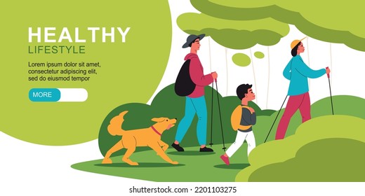 Healthy lifestyle horizontal banner with walking and relaxation symbols flat vector illustration
