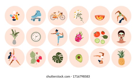 Healthy lifestyle icon set. Big collection of modern hand-drawn vector stickers about fitness and healthy living. Different icons with girls doing yoga, fruits and vegetables, and sport activities.