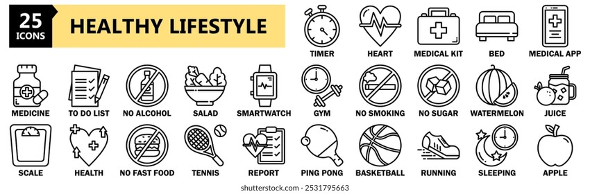 Healthy Lifestyle icon set. Containing health, fitness, sport, nutrient, medicine and more. Outline vector icons collection