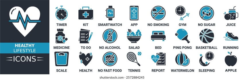 Healthy Lifestyle icon set. Containing health, fitness, sport, nutrient, medicine and more. Solid vector icons collection