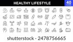 Healthy lifestyle icon set. Contains such Icons as diet, exercise, sleep, running, routine, gym, nutrition, cardio exercises, sports supplements, yoga, self-care, culture and hobbies icons