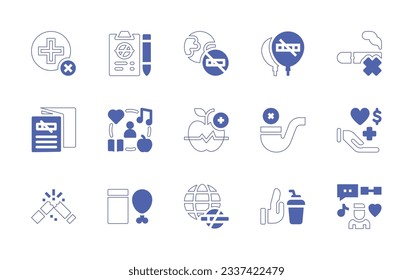 Healthy lifestyle icon set. Duotone style line stroke and bold. Vector illustration. Containing medical, clipboard, world, balloons, cigar, brochure, lifestyle, wellness, no smoking, needs, food.