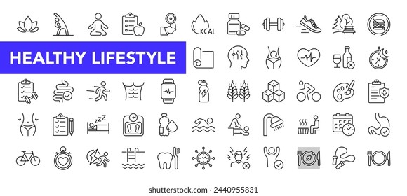 Healthy lifestyle icon set with editable stroke. Fitness and sport thin line icon collection. Vector illustration