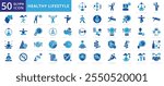 Healthy lifestyle icon set with exercise, sleep, balance, flexibility, yoga, meditation, nutrition, healthy eating, vaccination, mindfulness, time management, endurance, mental health, and probiotic