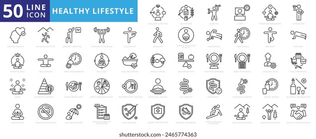 Healthy Lifestyle icon set with nutrition, exercise, sleep, stress management, hydration, mental, mindfulness and yoga.