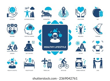 Healthy Lifestyle icon set. Wellness, Recreation, Positive Thinking, Fitness, Traveling, Yoga, Optimism, Herbal Medicine. Duotone color solid icons