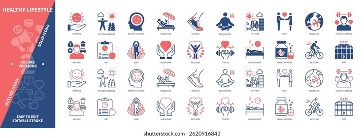 Healthy Lifestyle icon set. Wellness, Recreation, Positive Thinking, Fitness, Traveling, Yoga, Optimism, Herbal Medicine. Duotone color solid and editable outline icons