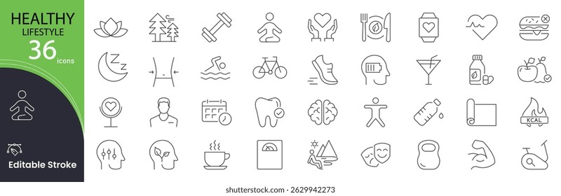 Healthy Lifestyle icon set. Wellness and fitness related line icons. balanced diet, exercise,  sleep, hydration, mental health, nutrition, weight control, healthy and habits. Editable stroke.