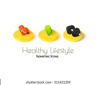 Healthy lifestyle icons - cardio fitness, fresh eating and strenght exercises vector illustration