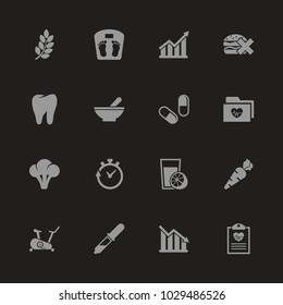Healthy Lifestyle icons - Gray symbol on black background. Simple illustration. Flat Vector Icon.