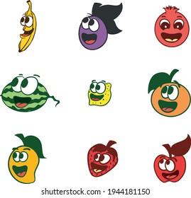 Healthy Lifestyle Icons Happy Fruits with Faces. Apple Grape Mango Lemon Watermelon Banana Orange Strawberry pomegranate