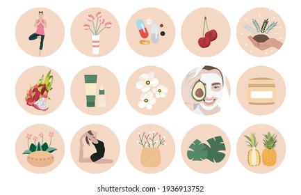 Healthy lifestyle icons set. Big collection of modern hand drawn vector fitness and healthy lifestyle stickers. Various icons with girls doing yoga, fruits and vegetables, house plants in pots, person