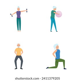 Healthy lifestyle icons set cartoon vector. Old people doing morning exercise. Physical activity