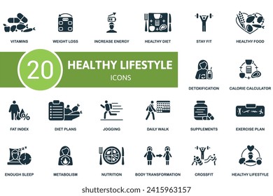 Healthy lifestyle icons set. Creative icons: vitamins, weight loss, increase energy, healthy diet, stay fit, healthy food and more