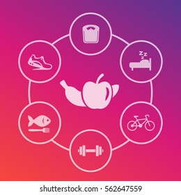 Healthy lifestyle icons set, diet, sleeping, fitness activity, jogging, healthy food