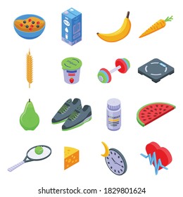 Healthy lifestyle icons set. Isometric set of healthy lifestyle vector icons for web design isolated on white background