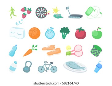 Healthy lifestyle icons set on white background. Apples, water, bycicle and more.