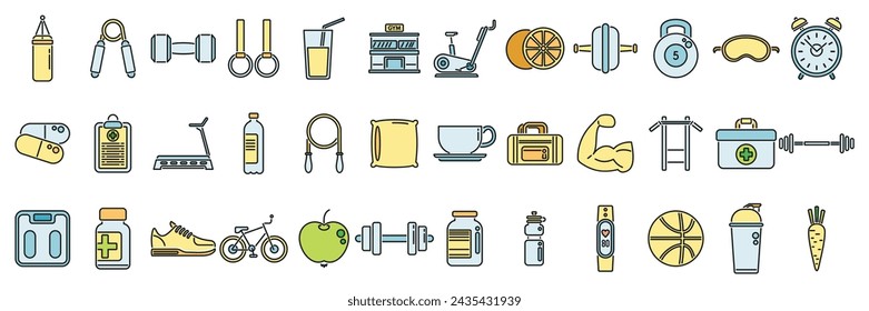 Healthy lifestyle icons set outline vector. Diet food. Sport nutrition color line isolated