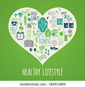 healthy lifestyle Icons set in the shape of heart