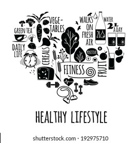 healthy lifestyle Icons set in the shape of heart 