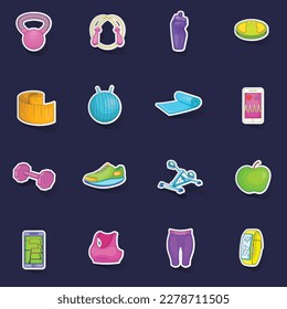 Healthy lifestyle icons set stikers collection vector with shadow on purple background