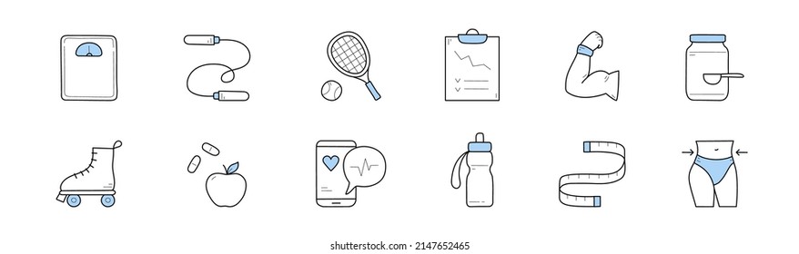 Healthy lifestyle icons with sport equipment, muscular arm, diet food, scale and measure tape. Vector hand drawn signs of fitness, exercises and health with water bottle, apple and slim waist