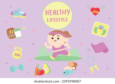 Healthy lifestyle illustration icon set cartoon style.