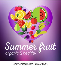 Healthy lifestyle illustration for print, web. Heart design element. Vector fruits collection icon. Flat icons design. Fruit menu, salad. Summer products. Tasty dessert. Vegetarian food. Stewed fruit