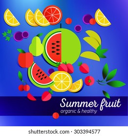 Healthy lifestyle illustration for print, web. Heart design element. Vector fruits collection icon. Flat icons design. Fruit menu, salad. Summer products. Tasty dessert. Vegetarian food. Stewed fruit