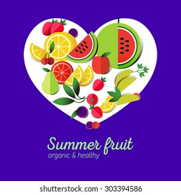 Healthy lifestyle illustration for print, web. Heart design element. Vector fruits collection icon. Flat icons design. Fruit menu, salad. Summer products. Tasty dessert. Vegetarian food. Stewed fruit