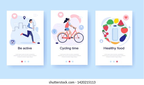 Healthy lifestyle illustration set,сoncept for web banners, landing pages, presentations, posters, advertising. Man run, girl rides a bike, healthy food - a bottle of water in circle fruits.