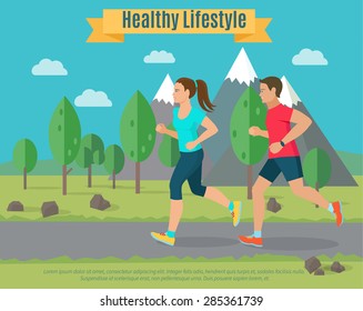 Healthy lifestyle illustration . Woman and man jogging .