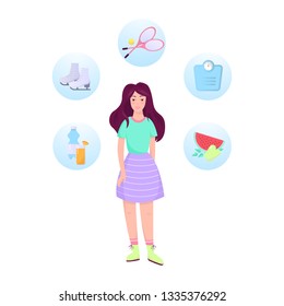 Healthy lifestyle infographic. Sport and fitness, healthy diet. Tips for good lifestyle. Smiling girl. Isolated vector illustration in cartoon style