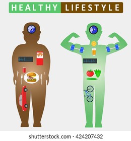 Healthy lifestyle infographics. Compare of fat and slim man silhouettes. Color vector illustration
