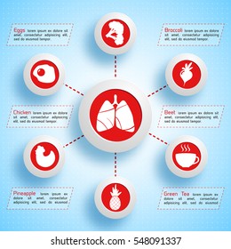 Healthy lifestyle infographics with food icons valuable for human lungs on blue dotted light background vector illustration