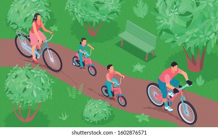 Healthy lifestyle isometric background with sports family riding bicycle in city park vector illustration