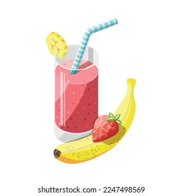 Healthy lifestyle isometric icon with glass of smoothie and fresh banana and strawberry 3d vector illustration